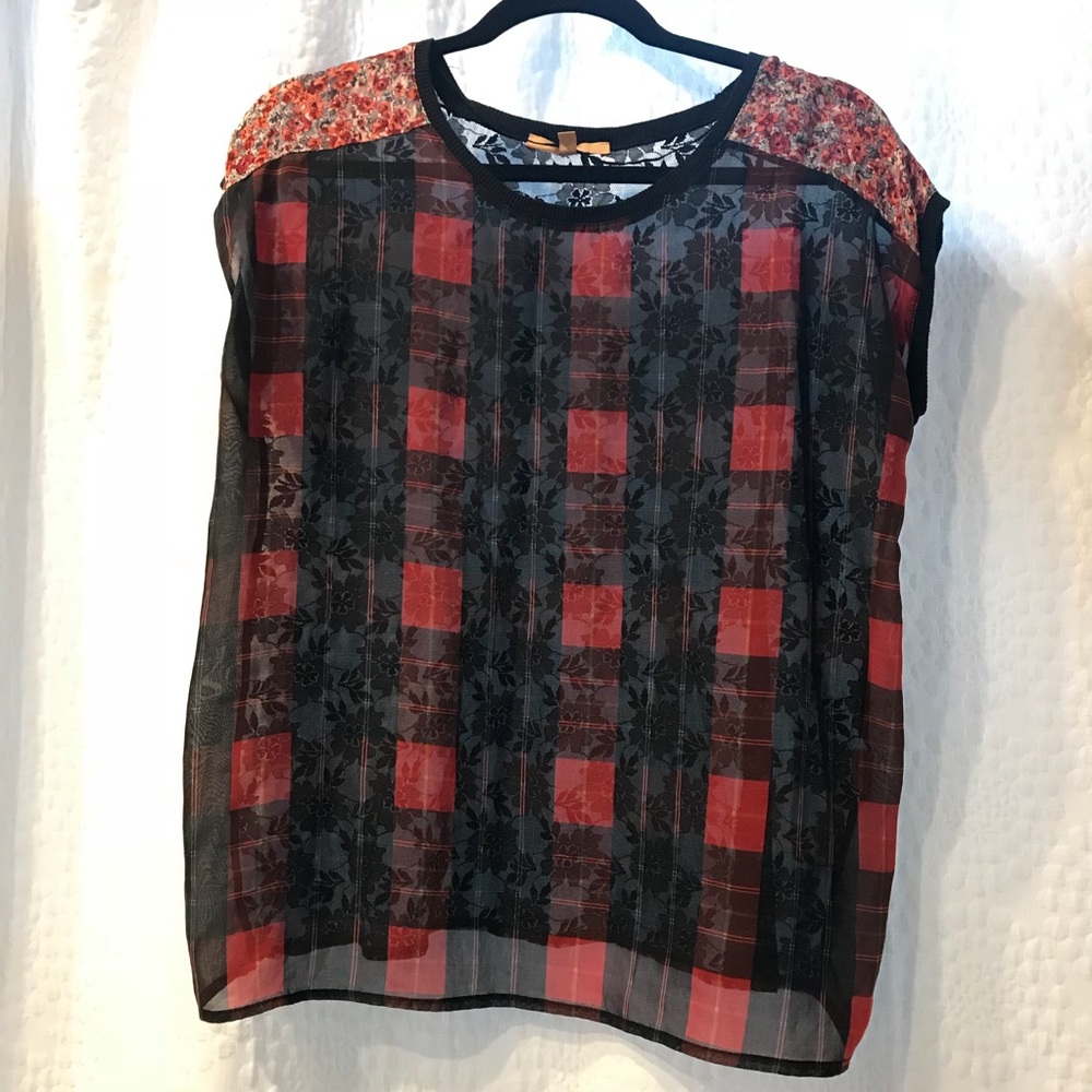 🎸Zara Sheer Plaid & Lace Top🎸